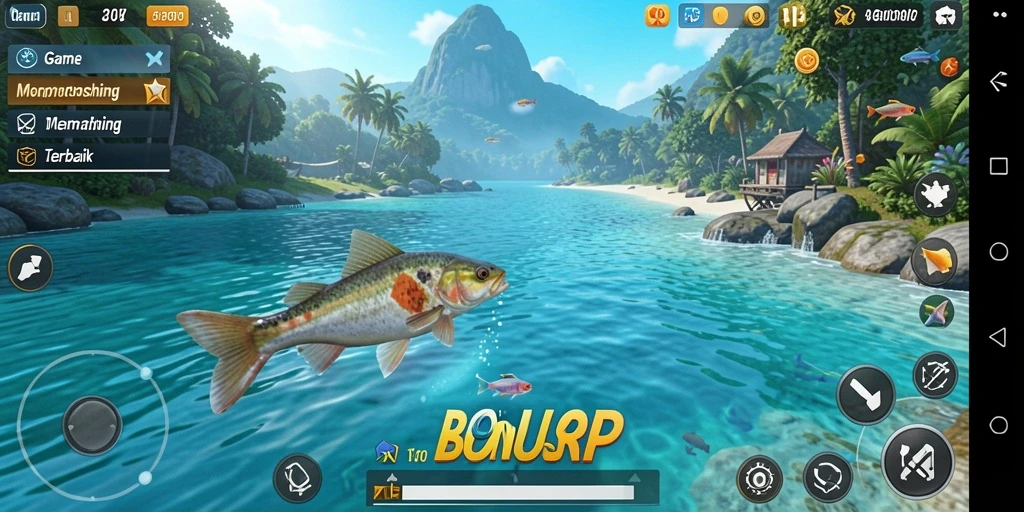 Tampilan gameplay yang menarik saat memancing dengan berbagai peralatan.