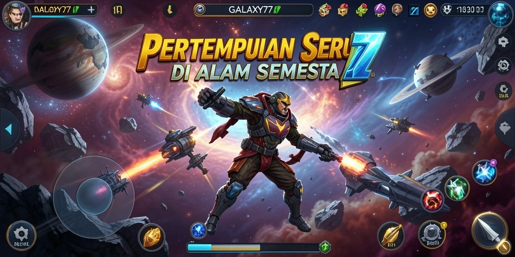 Screenshot gameplay intens GALAXY77 menampilkan aksi pertempuran luar angkasa.