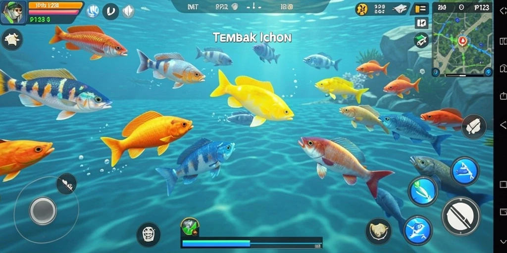 Screenshot gameplay PP123 yang menunjukkan aksi menembak ikan.